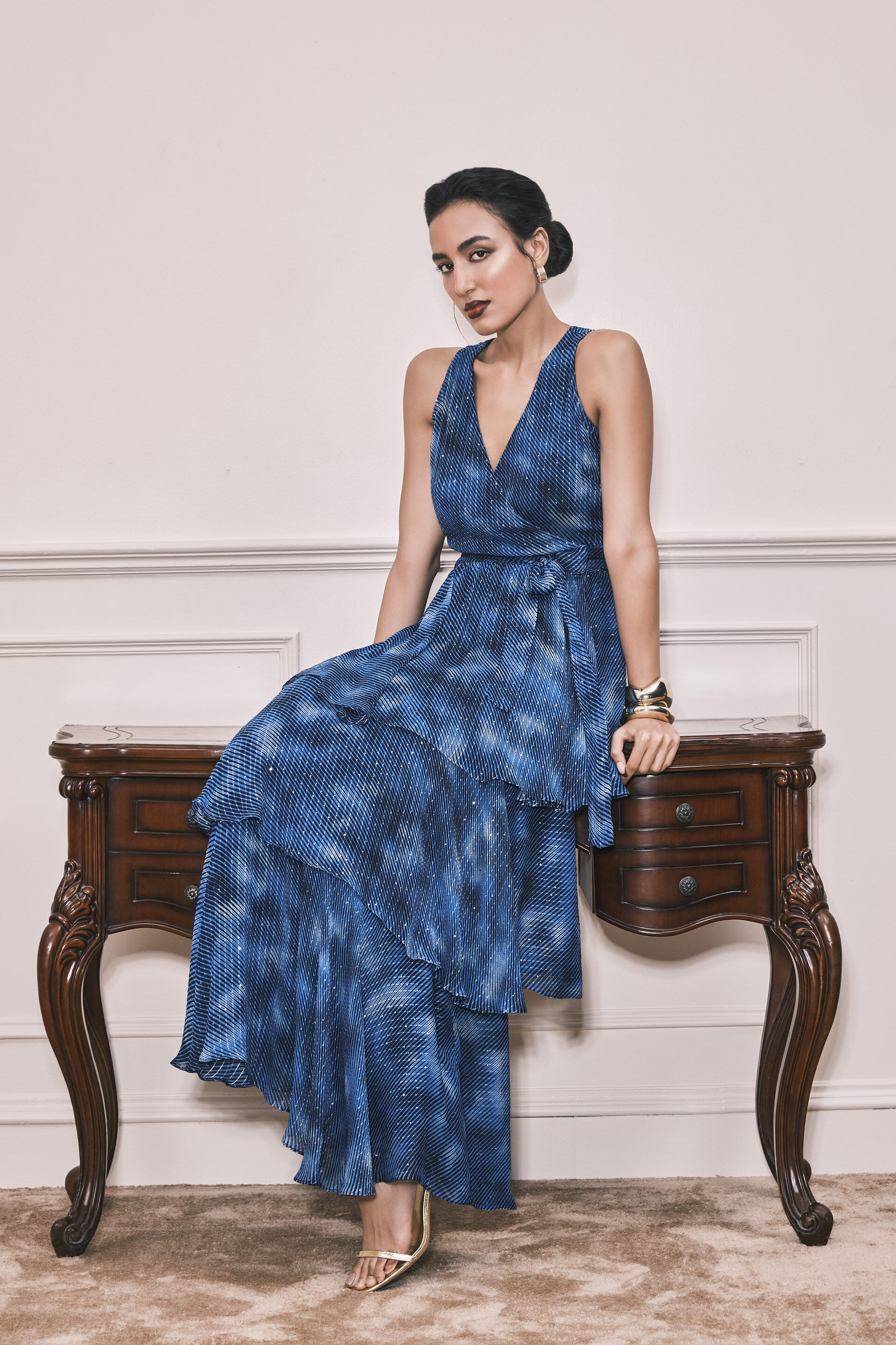 Belize Falls Wrap Georgette Dress, Blue, image 2